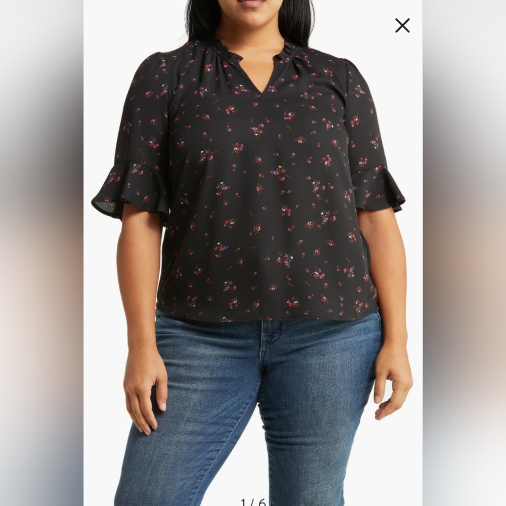 CeCe 2x Black Floral Blouse with Ruffle Sleeves - Picture 1 of 8